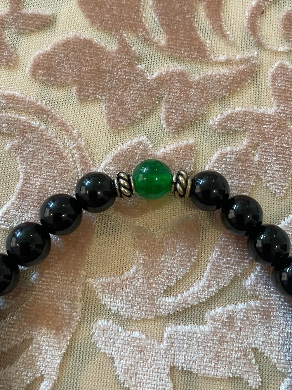 Vintage Black Beaded Stretch Bracelet with Emerald Accent Stone